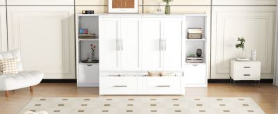 Queen Size Murphy Bed With Shelves, Drawers And USB Ports, White