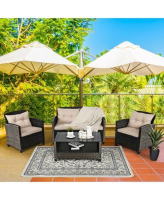 4pcs Patio Rattan Conversation Set Cushioned Outdoor Furniture Set