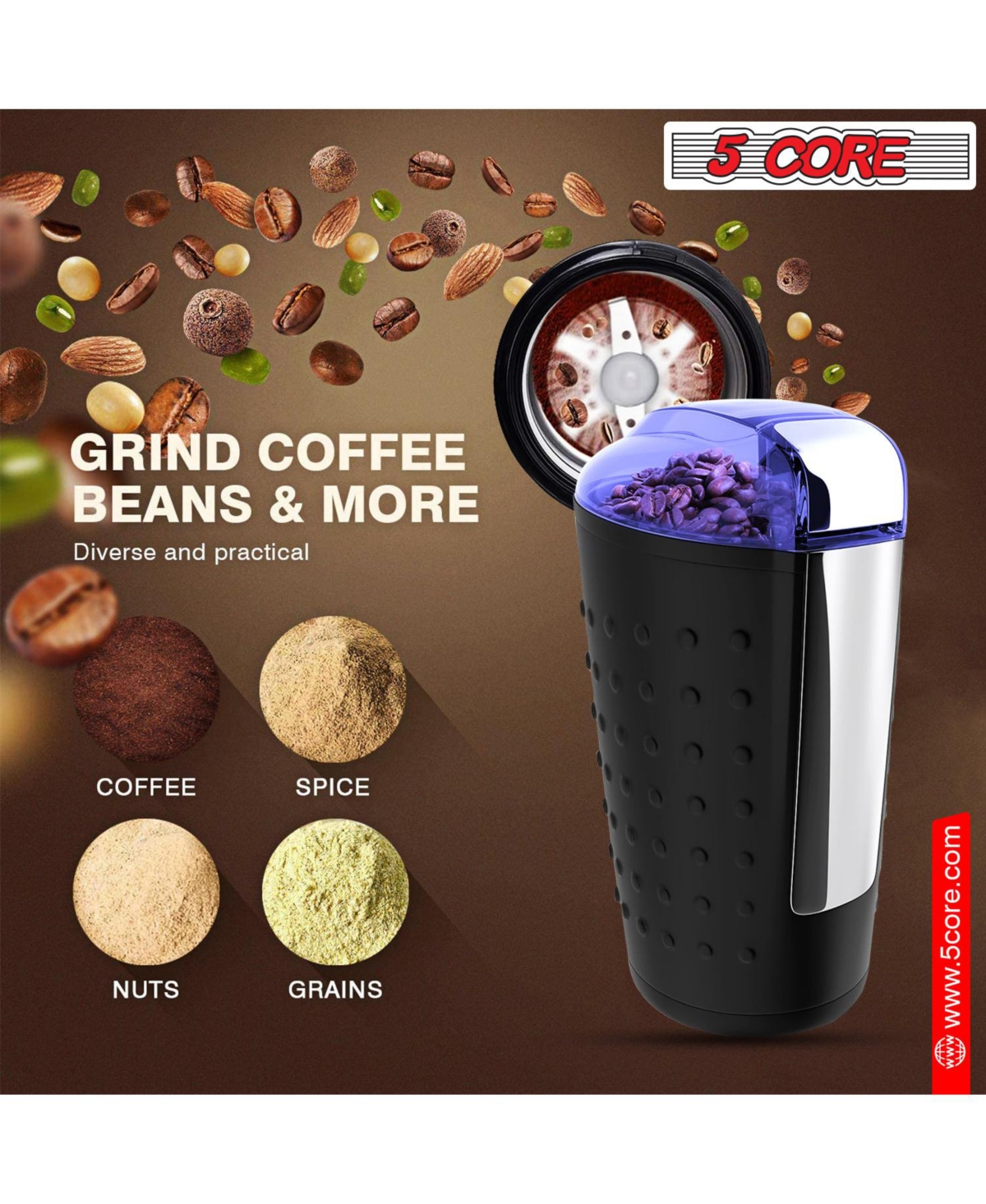 5 Core Core Coffee Grinder Capacity 150W Motor One-Touch Automatic Electric Bean Spice Grinding Cg 01 Bl