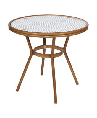 Bamboo Finished Metal Frame Celia Bistro Style Table with Glass Top, Pe Rattan, 4 Stack Chairs