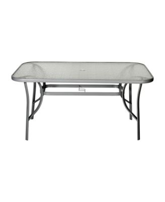 Tala Rectangular Tempered Glass Top Patio Table With Umbrella Hole And Black Steel Tube Frame