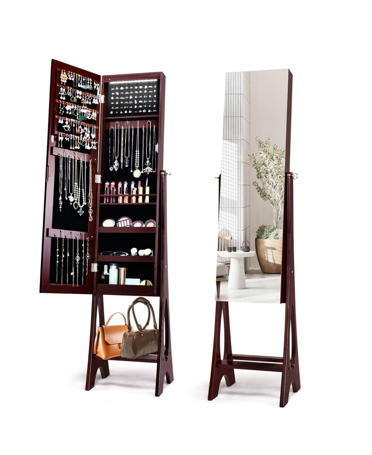 Freestanding Jewelry Cabinet Armoire Organizer with Bevel Edge Mirror - Dark brown