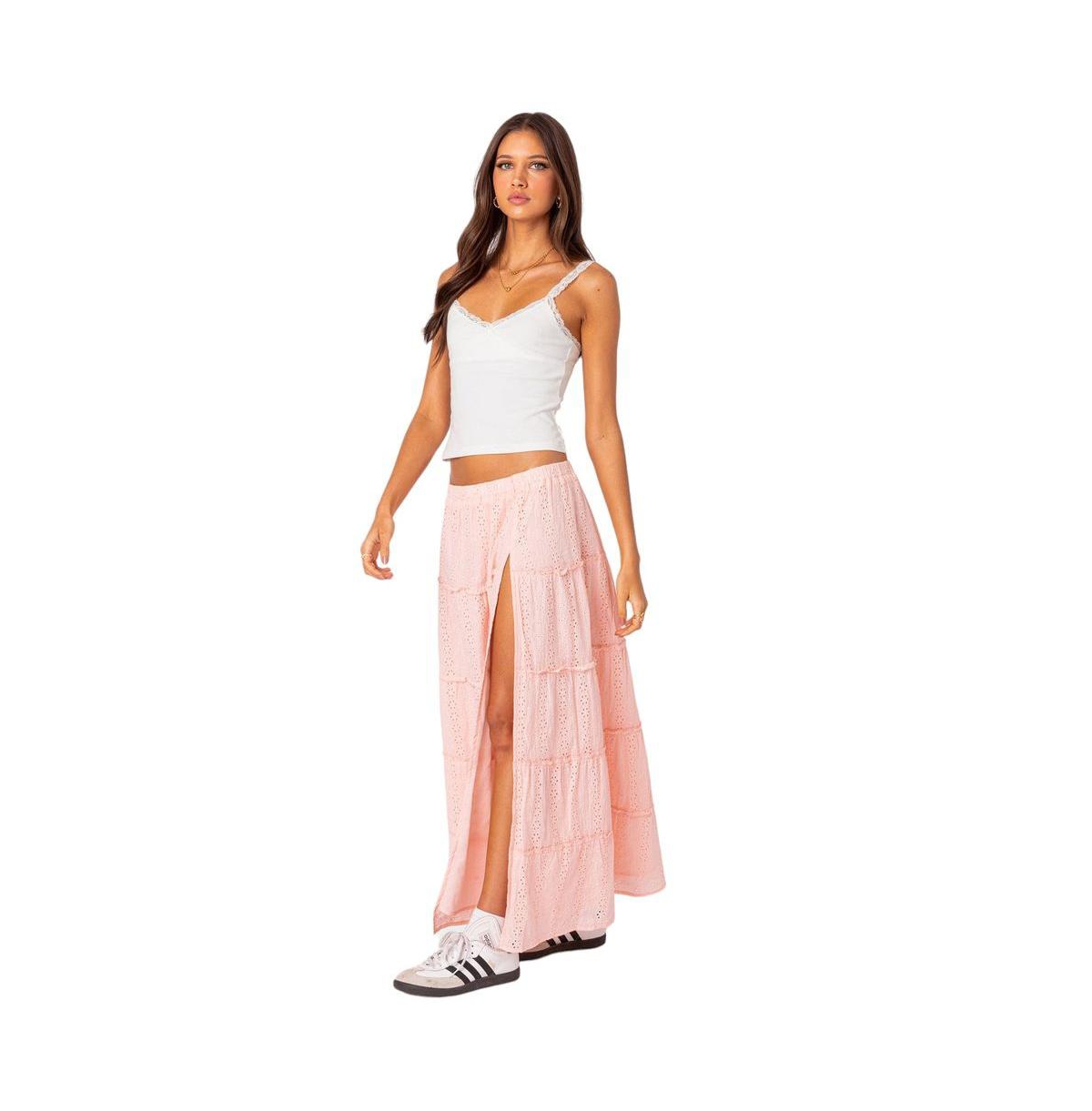 Edikted Women's Tiered Eyelet Slitted Maxi Skirt - Light-pink