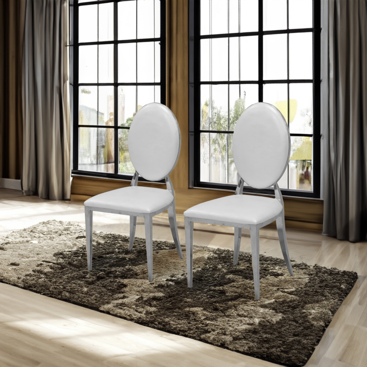 Streamdale Furniture Leatherette Dining Chair Set Of 2, Oval Backrest Design And Stainless Steel Legs