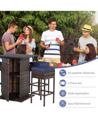 5 Pieces Patio Rattan Cushioned Bar Furniture Set with Hidden Storage Shelf