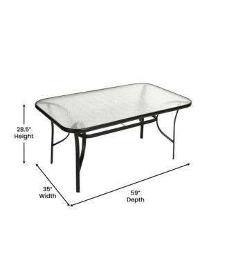 Tala Rectangular Tempered Glass Top Patio Table With Umbrella Hole And Black Steel Tube Frame