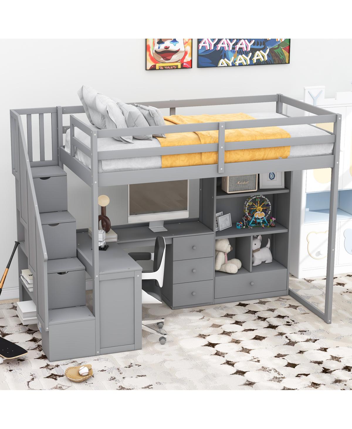 Streamdale Furniture Size Loft Bed With L-Shaped Desk And Drawers, Cabinet And Storage Staircase, White