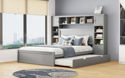 Wooden Queen Bed with Cabinetry and Outlets