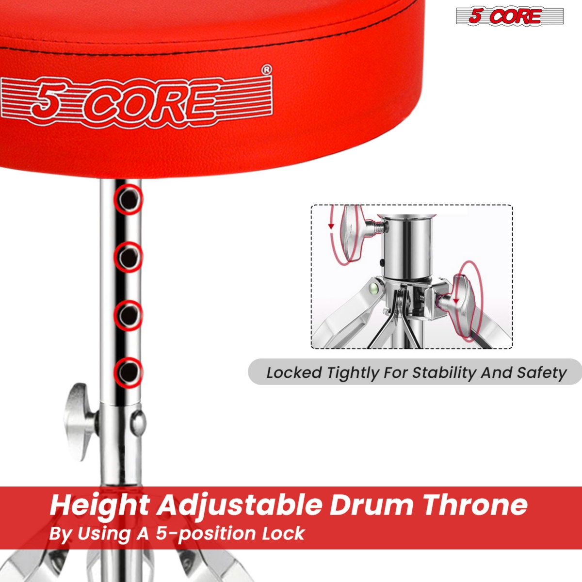 5 Core Drum ThroneHeight Adjustable Guitar Stool Thick Padded Memory Foam Dj Chair Seat - Ds Ch- Red