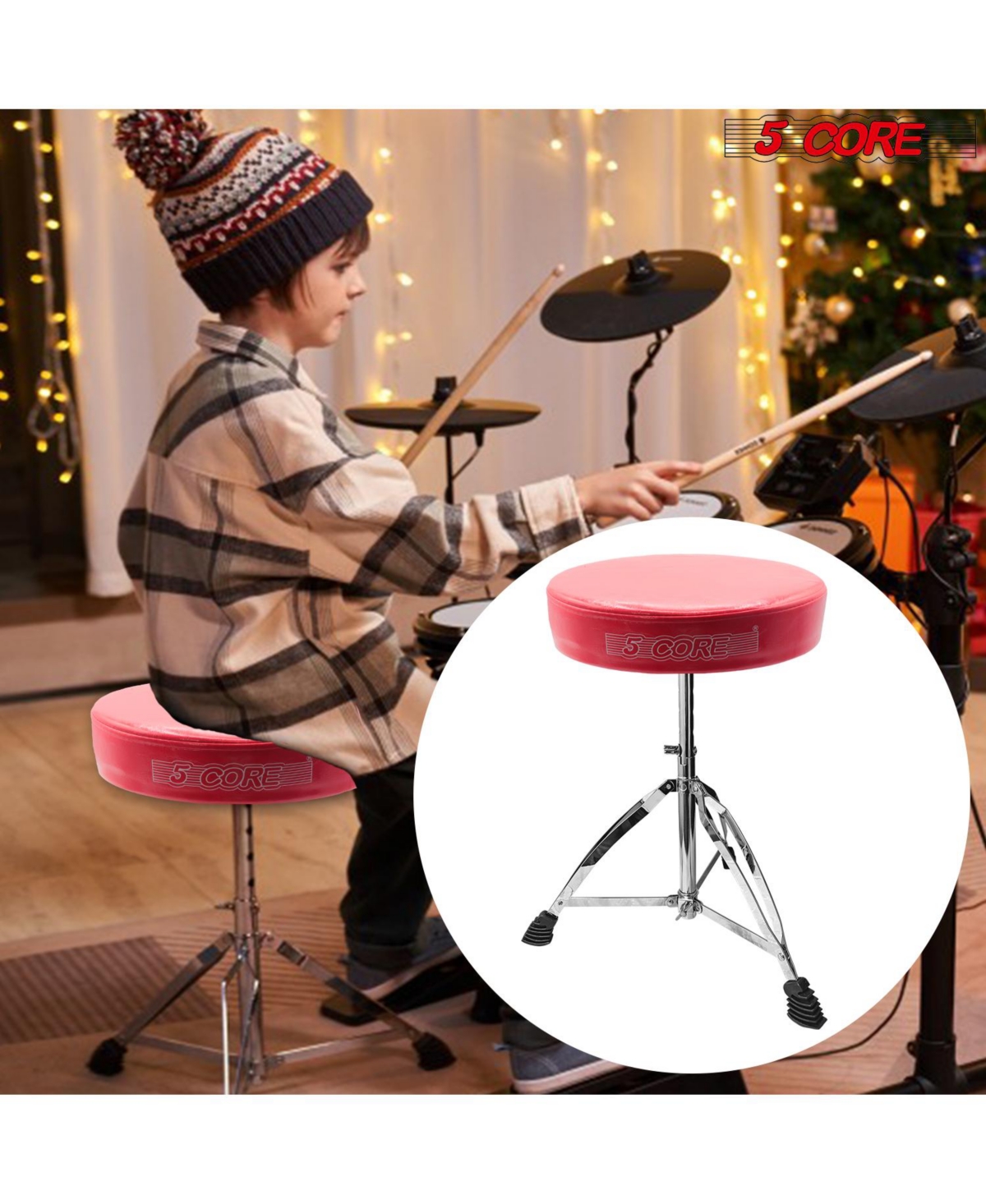 5 Core Drum ThroneHeight Adjustable Guitar Stool Thick Padded Memory Foam Dj Chair Seat - Ds Ch- Red