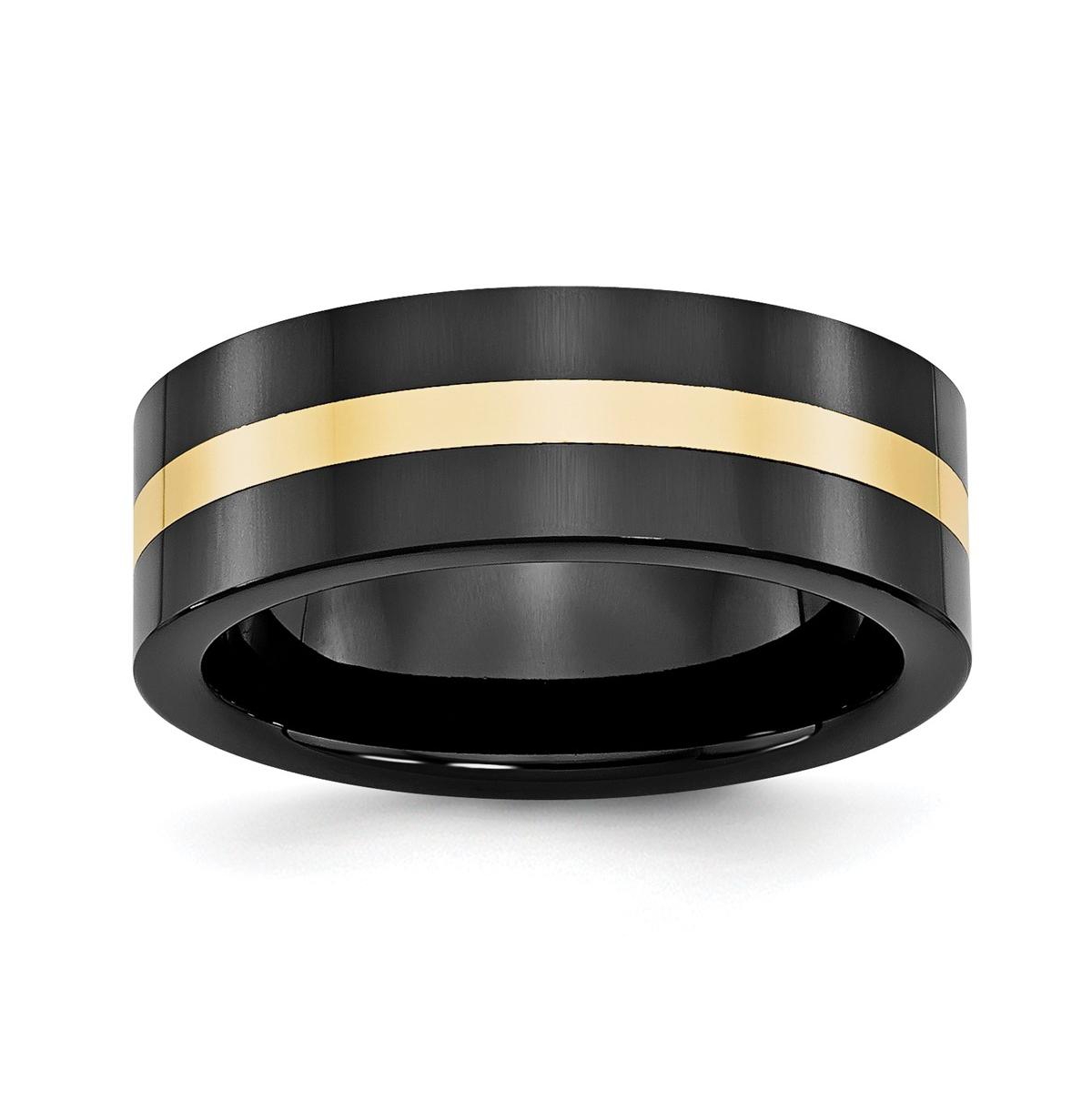 Ceramic Flat Black with 14k Gold Inlay Polished Band Ring - Black