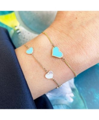 Mother of Pearl and Turquoise Mixed Heart Station Bracelet 14K Gold