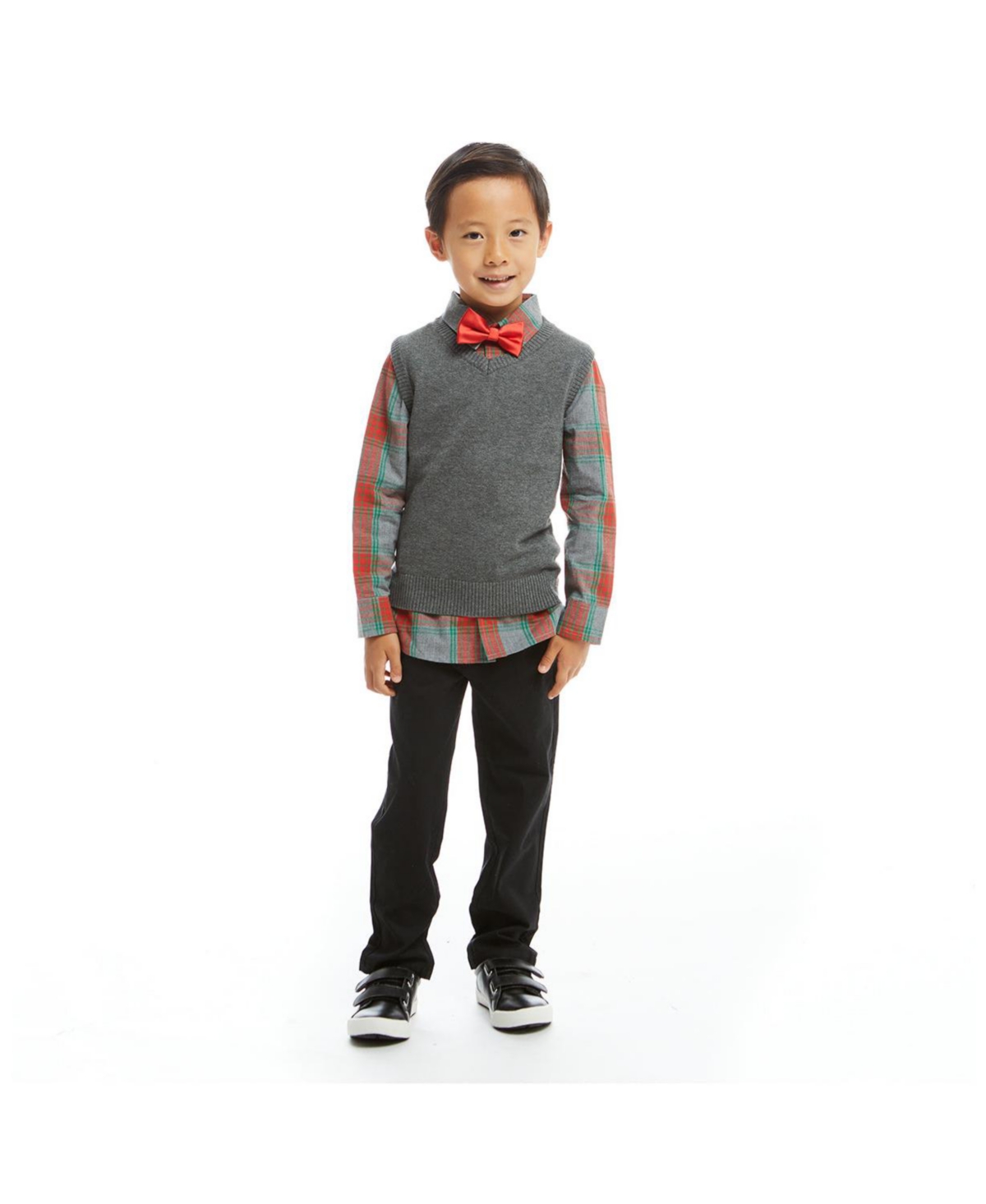Andy & Evan Toddler Boys Toddler/Child Holiday Check Buttondown w/Vest Set -Pastel Grey