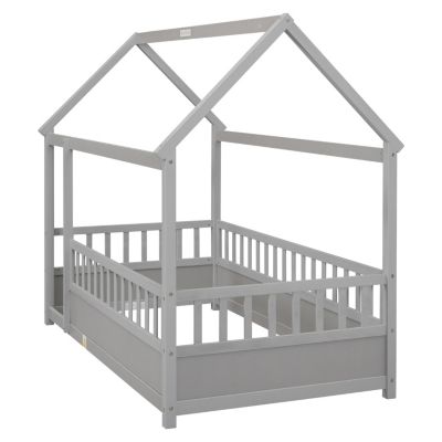 Wooden Floor Bed with House Frame and Fence Guardrails