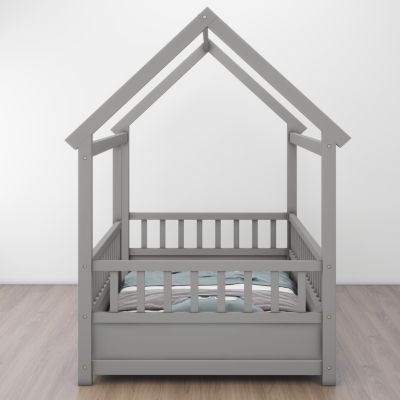 Wooden Floor Bed with House Frame and Fence Guardrails