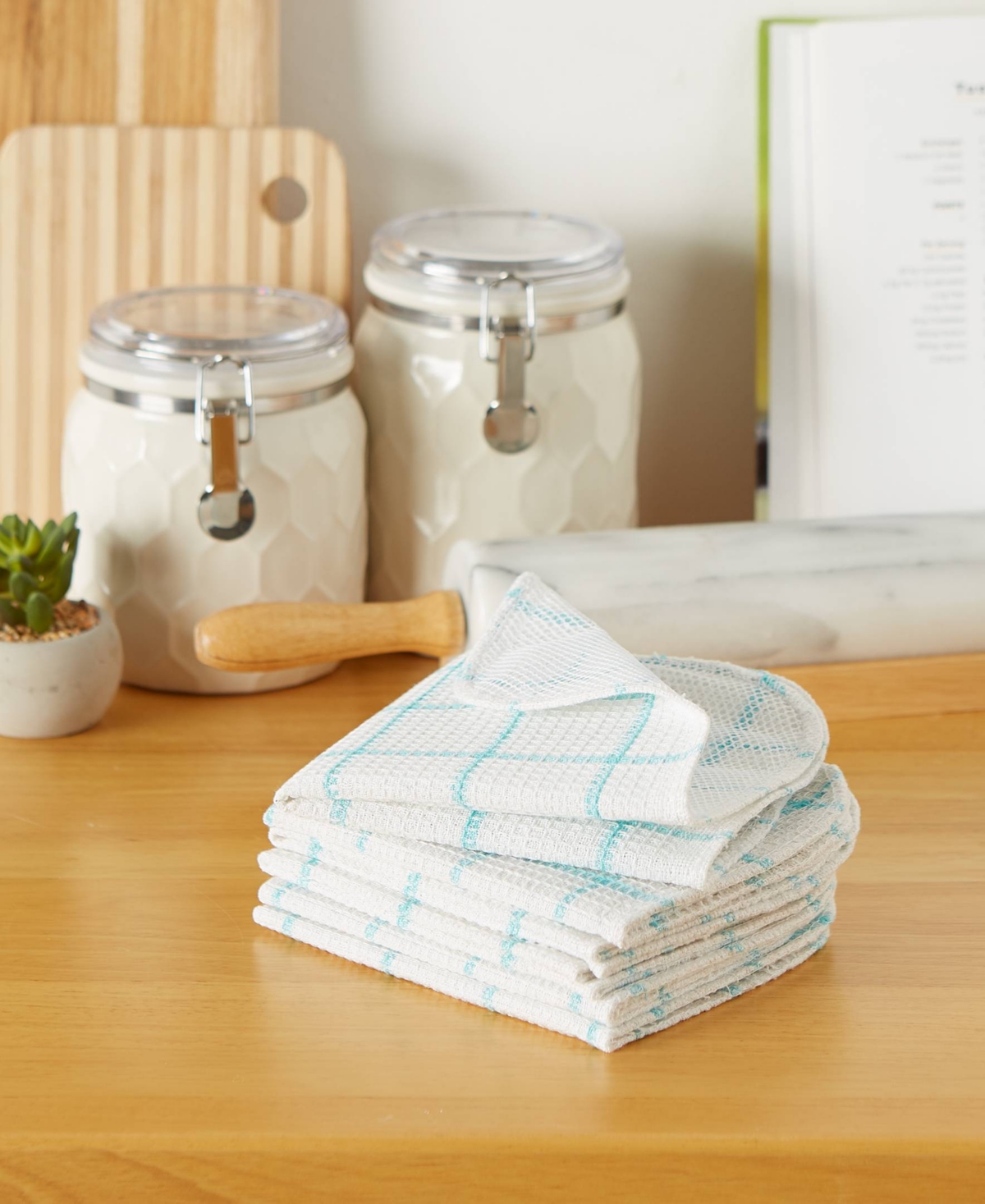 Design Imports Scrubber Dishcloths Collection Windowpane Dishrag Set, 12x12", White/aqua Stripe, 6 Piece In Aqua