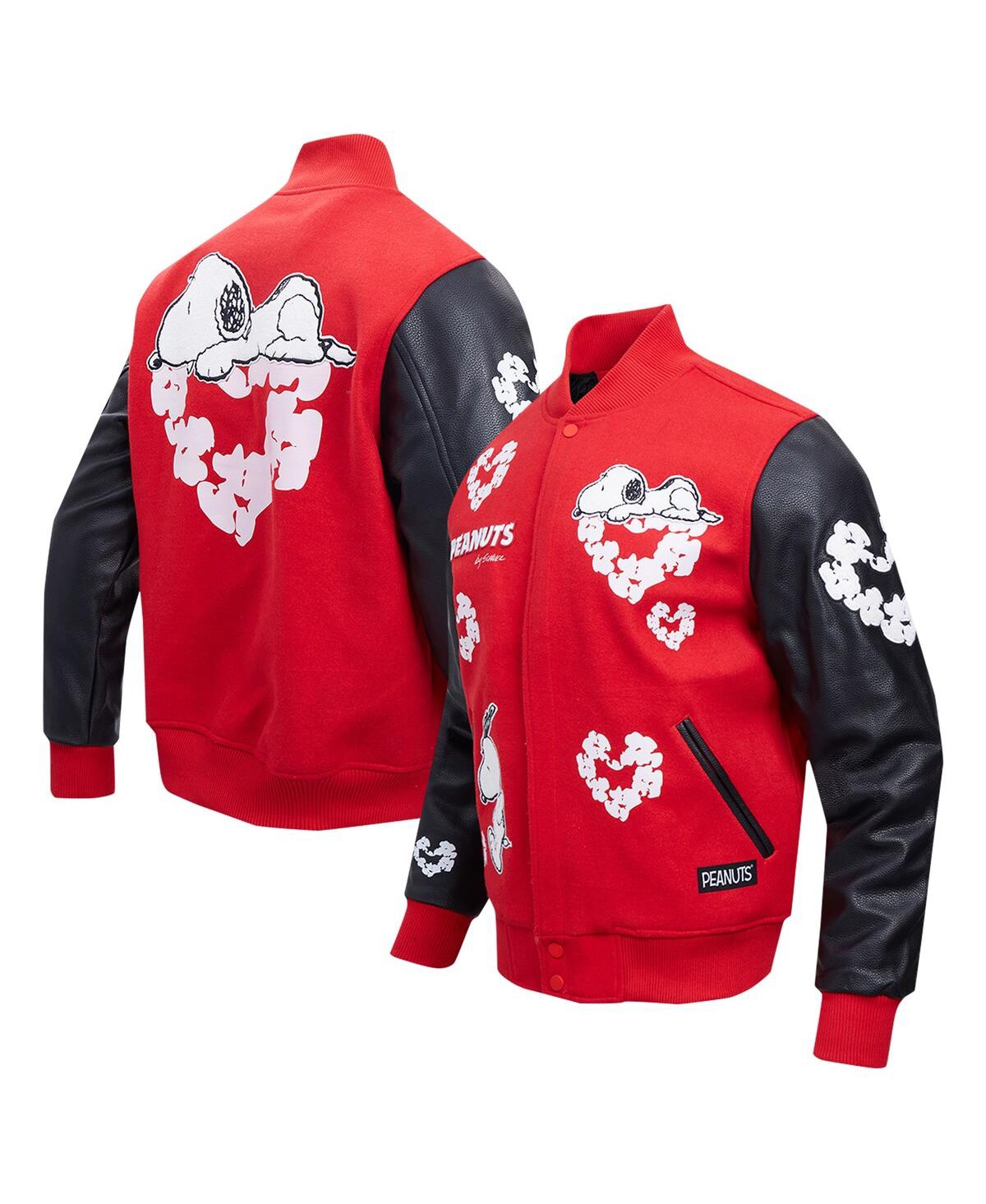Men's Snoopy Red Peanuts Cotton Heart Full-Zip Varsity Jacket - Red Black