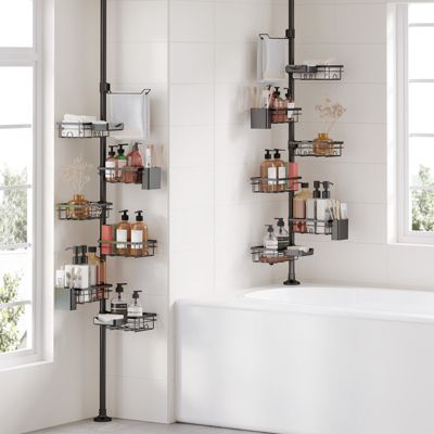 Adjustable Tension Pole Shower Caddy with 6 Rust-Resistant Corner Shelves, Towel Bar and Soap Dish
