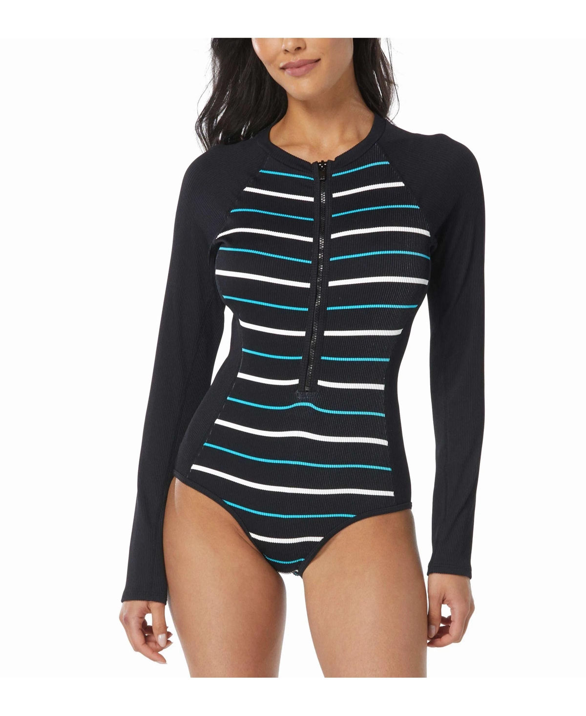 Beach House Sport Women's Sculpt Long Sleeve Zip Front Laguna Stripe One Piece Swimsuit - 001 black
