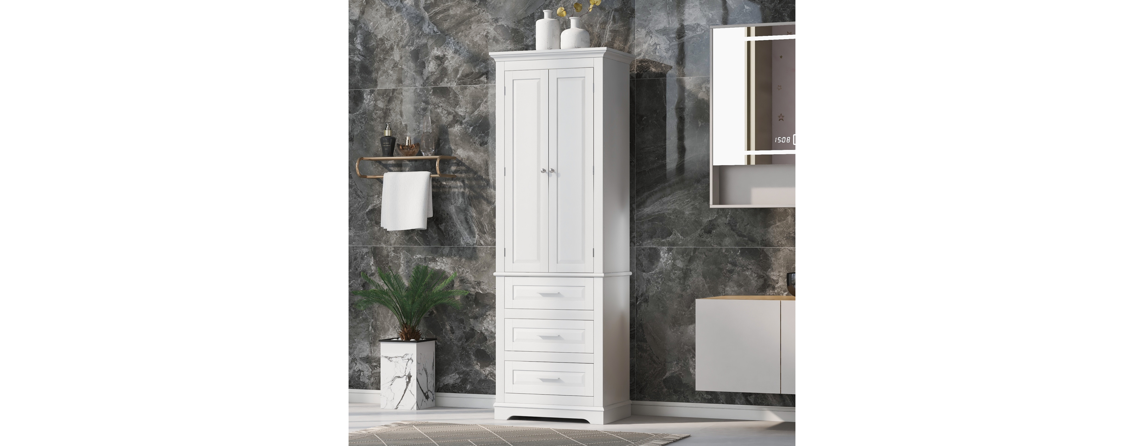Black Tall Storage Cabinet with 3 Drawers for Bathroom/Office