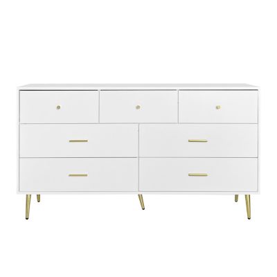 Seven Drawers Large Chest Of Drawer Cabinet With Golden Handle And Golden Legs White Color