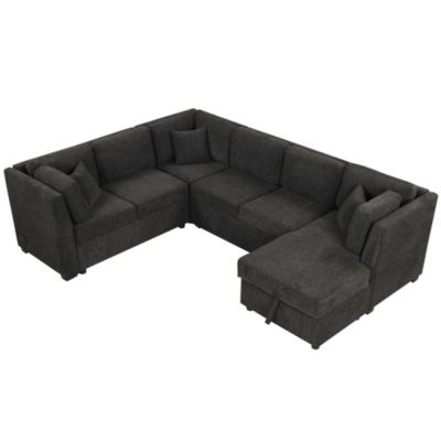 Modern U-Shape Sofa Bed with Power & USB, Storage