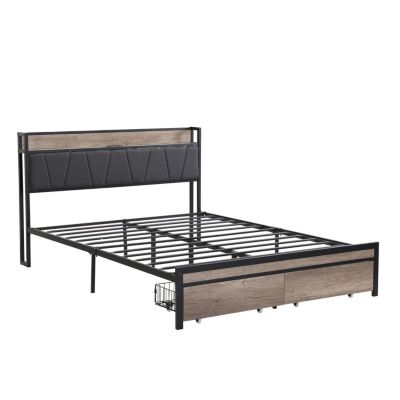 Metal Platform Bed Frame with Storage Headboard