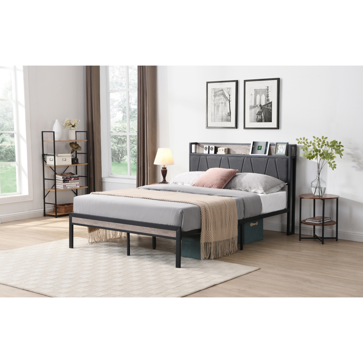 Simplie Fun Queen Metal Platform Bed w/ Upholstered Headboard & Storage