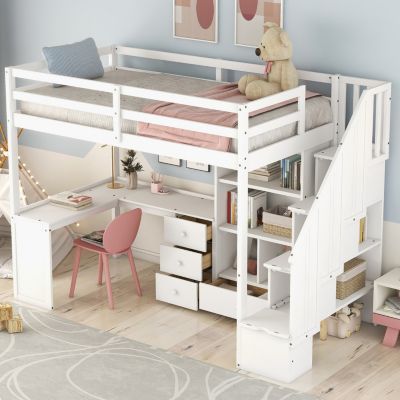 Twin Loft Bed with Desk, Storage, and Staircase