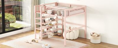 Full Size Metal Loft Bed With 4-Tier Shelves And Storage