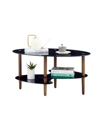 Modern 3-Layer Glass Coffee Table with Oak Wood Legs