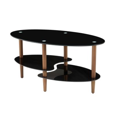 Modern 3-Layer Glass Coffee Table with Oak Wood Legs