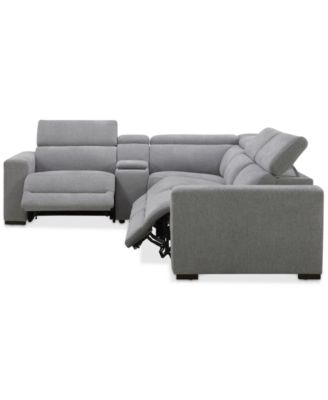 Nevio 5-Pc. Fabric Power Headrest L-Shape Sectional and Console with 3 Power Motion Chairs