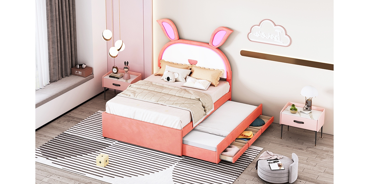 Streamdale Furniture Size Platform Bed with Trundle, Drawers & Rabbit Headboard with Led Lights