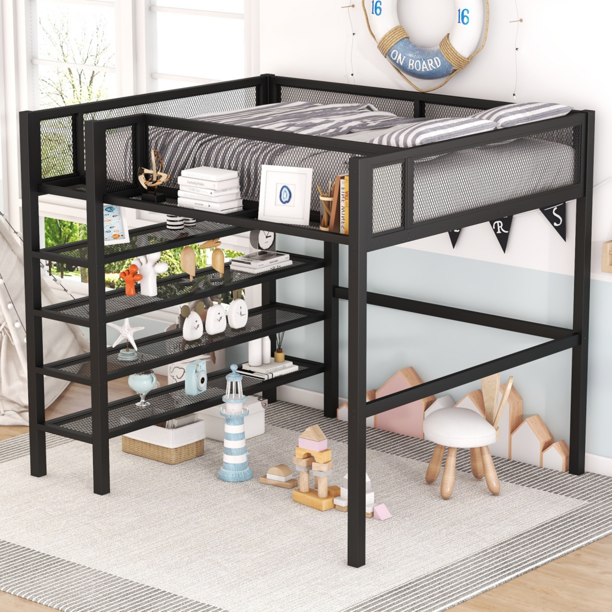 Simplie Fun Full Size Metal Loft Bed With 4-Tier Shelves And Storage, White