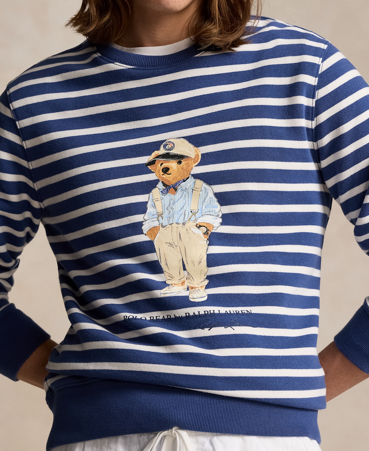 Polo Ralph Lauren Men's Polo Bear Striped Fleece Sweatshirt -Deck Wht Hmgy Bear