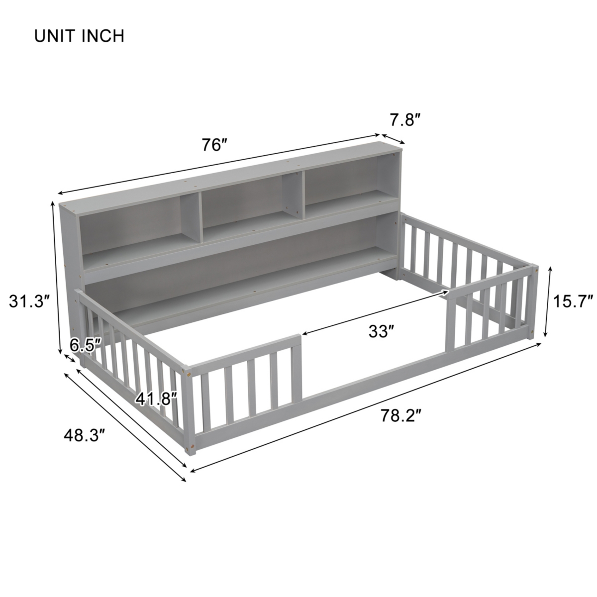 Simplie Fun Twin Floor Bed With Bedside Bookcase, Shelves, Guardrails, Grey