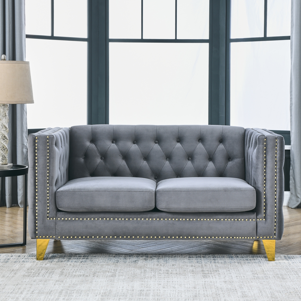 Streamdale Furniture Modern Grey Velvet Tufted Sofa with Metal Legs