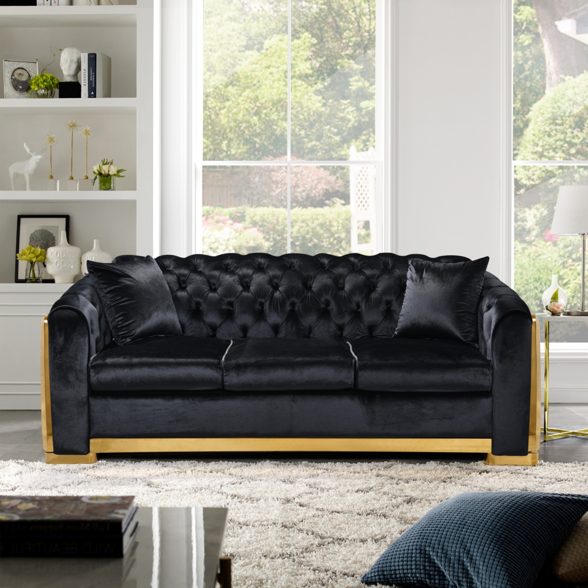 Streamdale Furniture 84" Tufted Velvet Sofa Set, Black with Gold Stainless