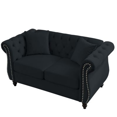 2-Seater Black Velvet Chesterfield Sofa with Trim & Pillows