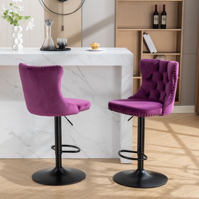 Swivel Velvet Barstools, Adjustable Height, Purple (Set of 2