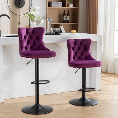 Swivel Velvet Barstools, Adjustable Height, Purple (Set of 2