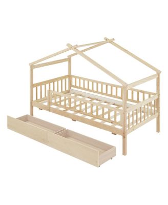 Twin Size Wooden House Bed With Two Drawers, Natural