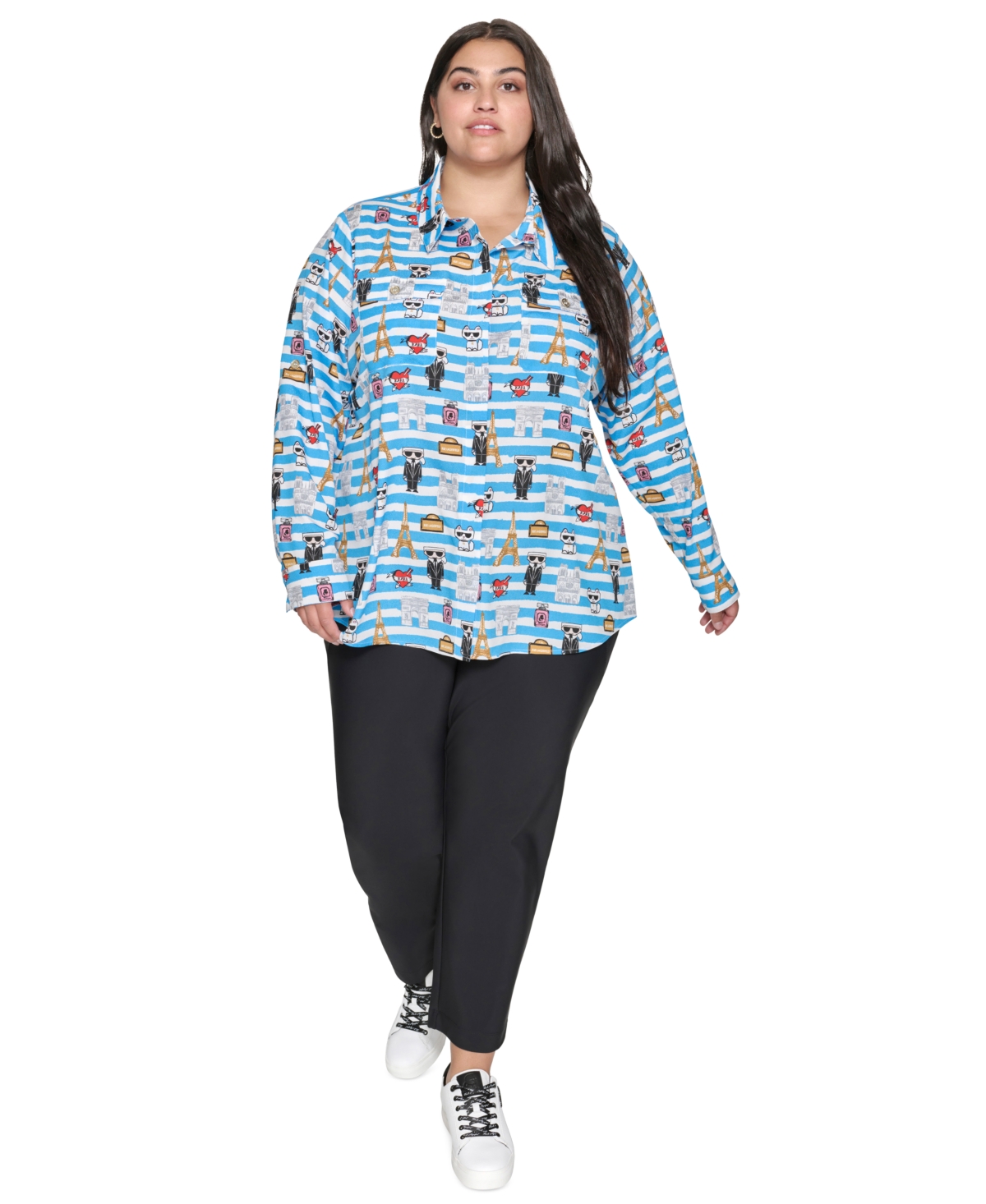 Karl Lagerfeld Paris Plus Size Whimsical Graphic Button-Front Blouse, Created for Macy's