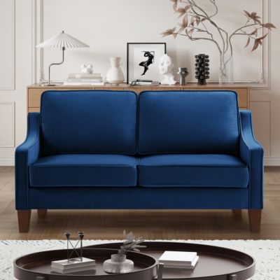 Upholstered Velvet Loveseat Sofa with Wooden Legs, Navy