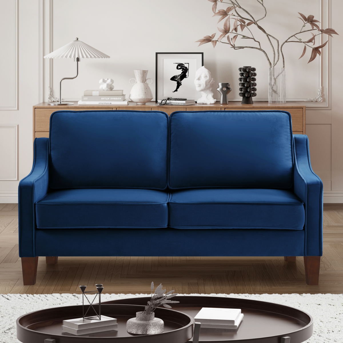 Streamdale Upholstered Velvet Loveseat Sofa with Wooden Legs, Navy