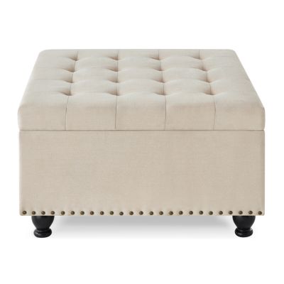 Beige upholstered storage ottoman with wooden legs