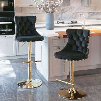 Set of 2 Adjustable Velvet Bar Stools