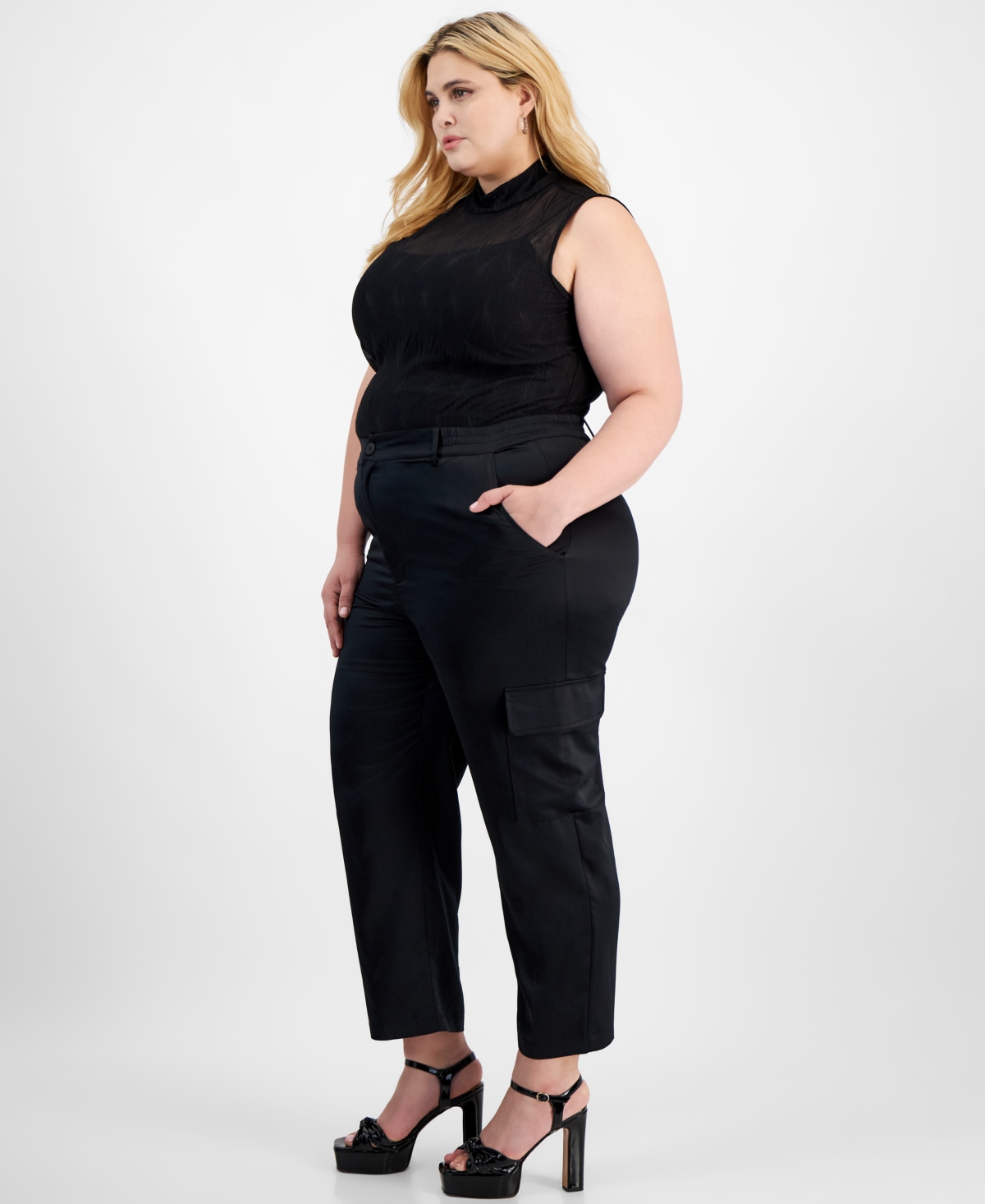 Bar Iii Trendy Plus Size Satin Cropped Cargo Pants, Created for Macy's