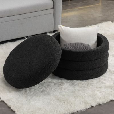 Boucle Round Ottoman with Shelf, Black